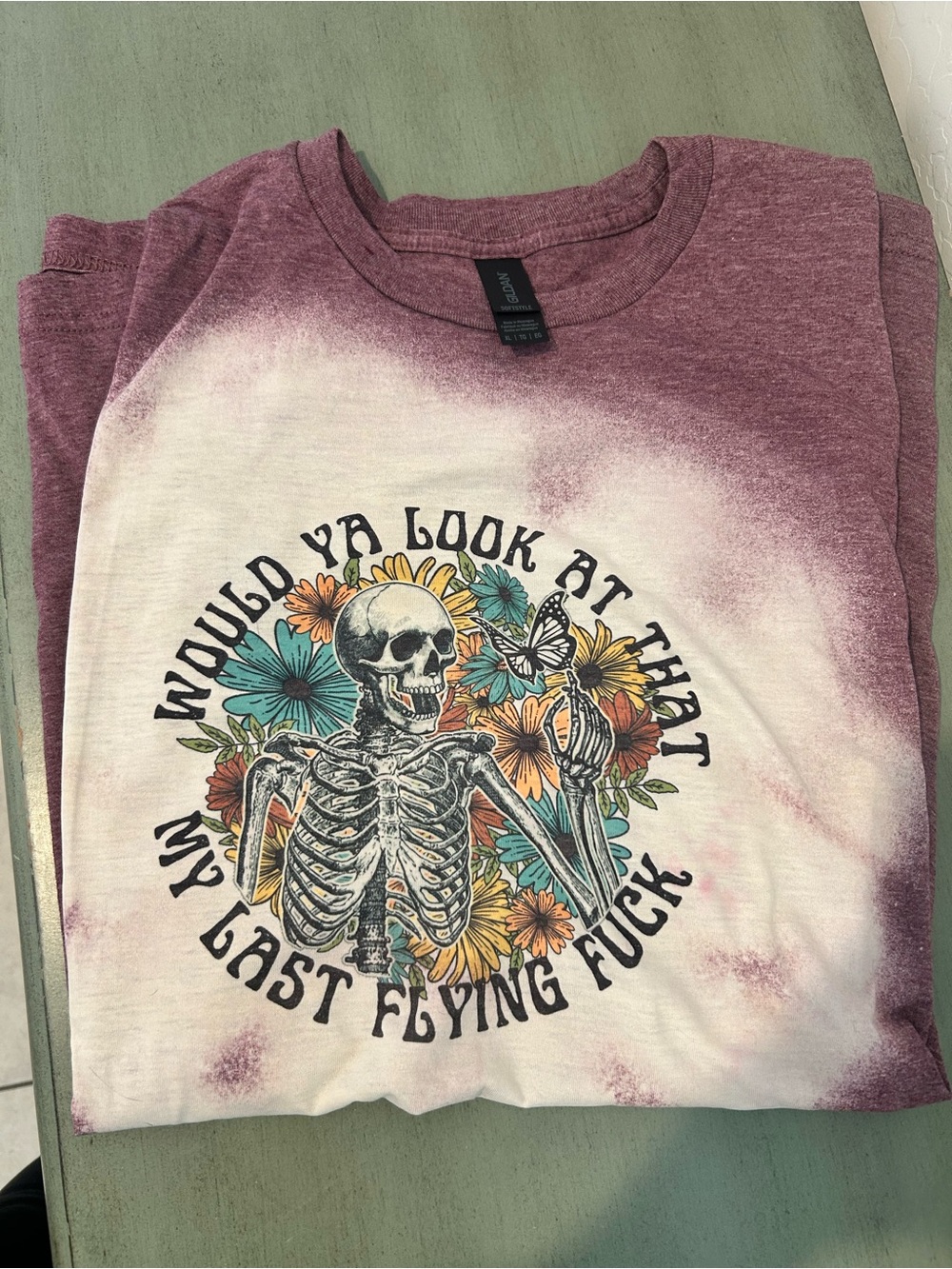 Gildan Mauve & Cream Tie-Dye Graphic Tee with Floral Skeleton Art